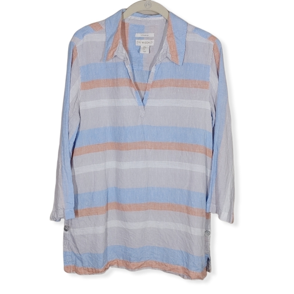 Cynthia Rowley Striped 100% Linen Popover Blouse Medium